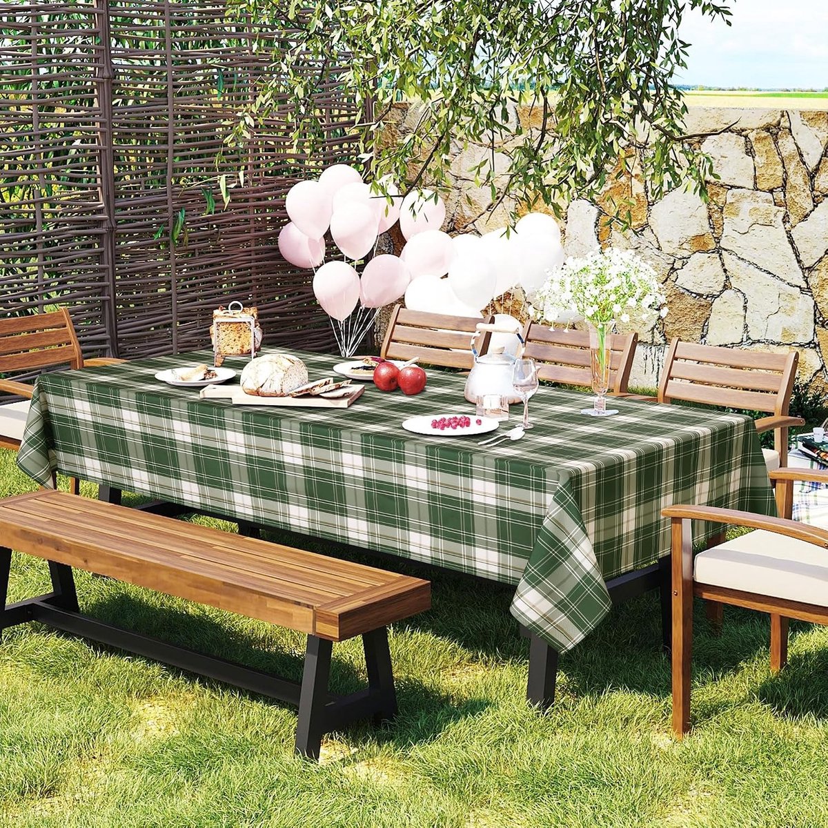 Tafelkleed met ruitpatroon, afwasbaar, voor buiten, weerbestendig, afwasbaar, waterdicht, vlekbescherming, voor buiten, tuin, picknick, keuken, bruiloft, lente, groen 110 x 140 cm