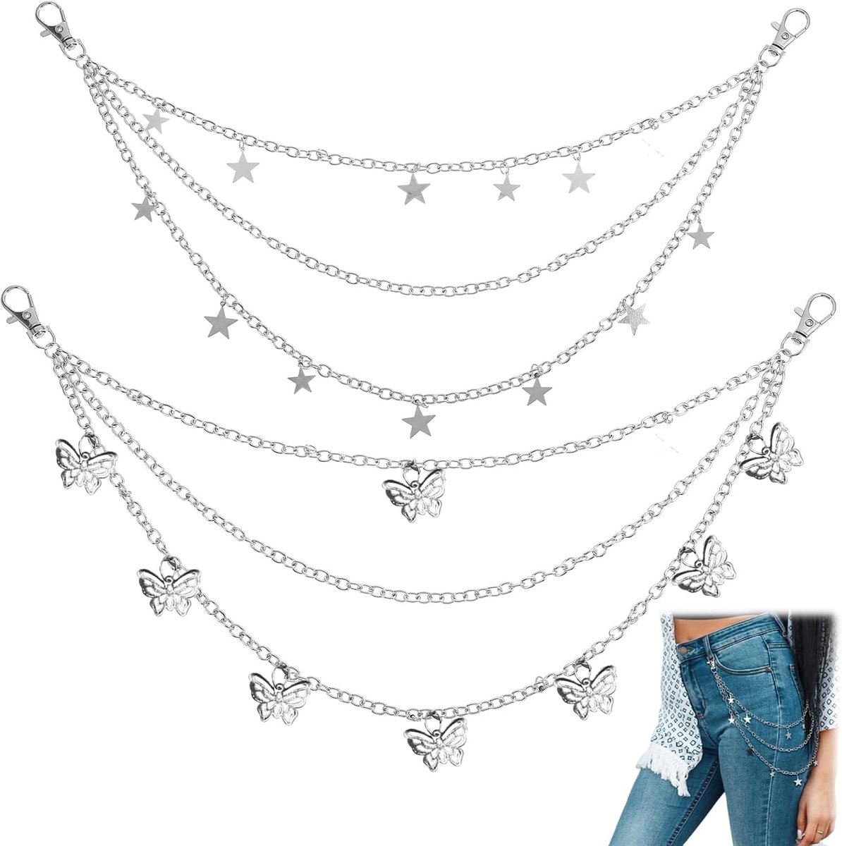 2 Stuks Dames Kettingriem met Sterren & Vlinders – 3-Laags Abeillo Tailleketting – Decoratieve Kledingaccessoire voor Jeans & Jurken2 Stuks Dames Kettingriem met Sterren & Vlinders – 3-Laags