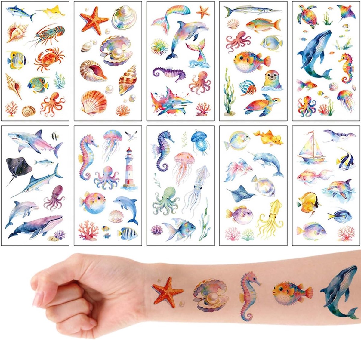 Tijdelijke tatoeages, waterdichte zeedieren tattoo-stickers, onderwaterleven patroon tatoeages voor strand en outdoor decoratie