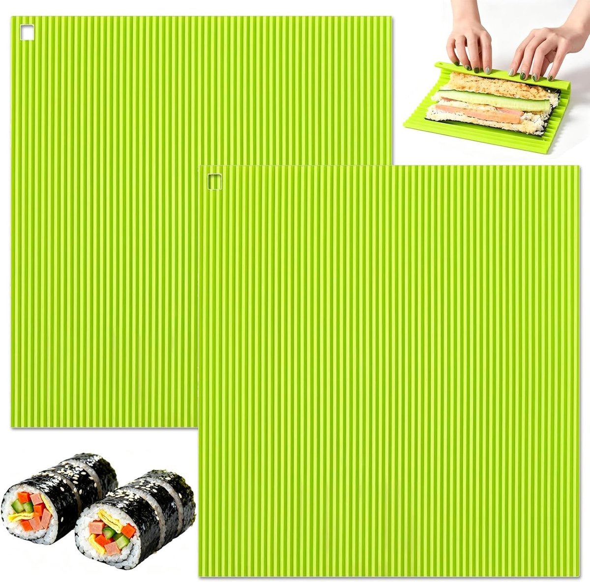 Sushi-mat van siliconen (set van 2), herbruikbare sushi-rolmat, geschikt voor levensmiddelen, anti-aanbaklaag, gemakkelijk te reinigen, sushi-accessoires voor beginners, feesten, picknicks en