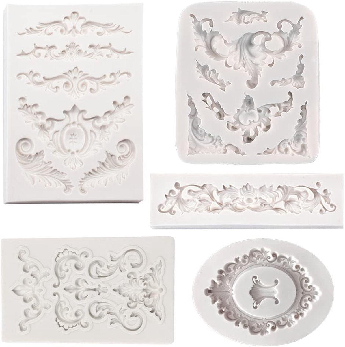 Vorm barok 5 stuks fondant vormen siliconen reliëf kant decoratie gietvorm barokke stijl siliconen fondant taartvorm klassieke motieven voor cake border decoratie grijs