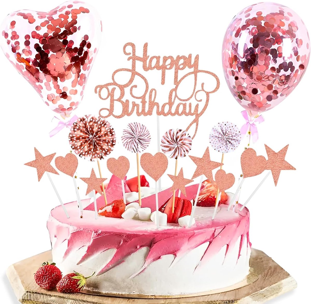 17 stuks Happy Birthday taartdecoratie, roségoud, taartdecoratie, taarttopper, ballon, sterren, hart, topper met decoratieve bal voor meisjesfeest, verjaardag