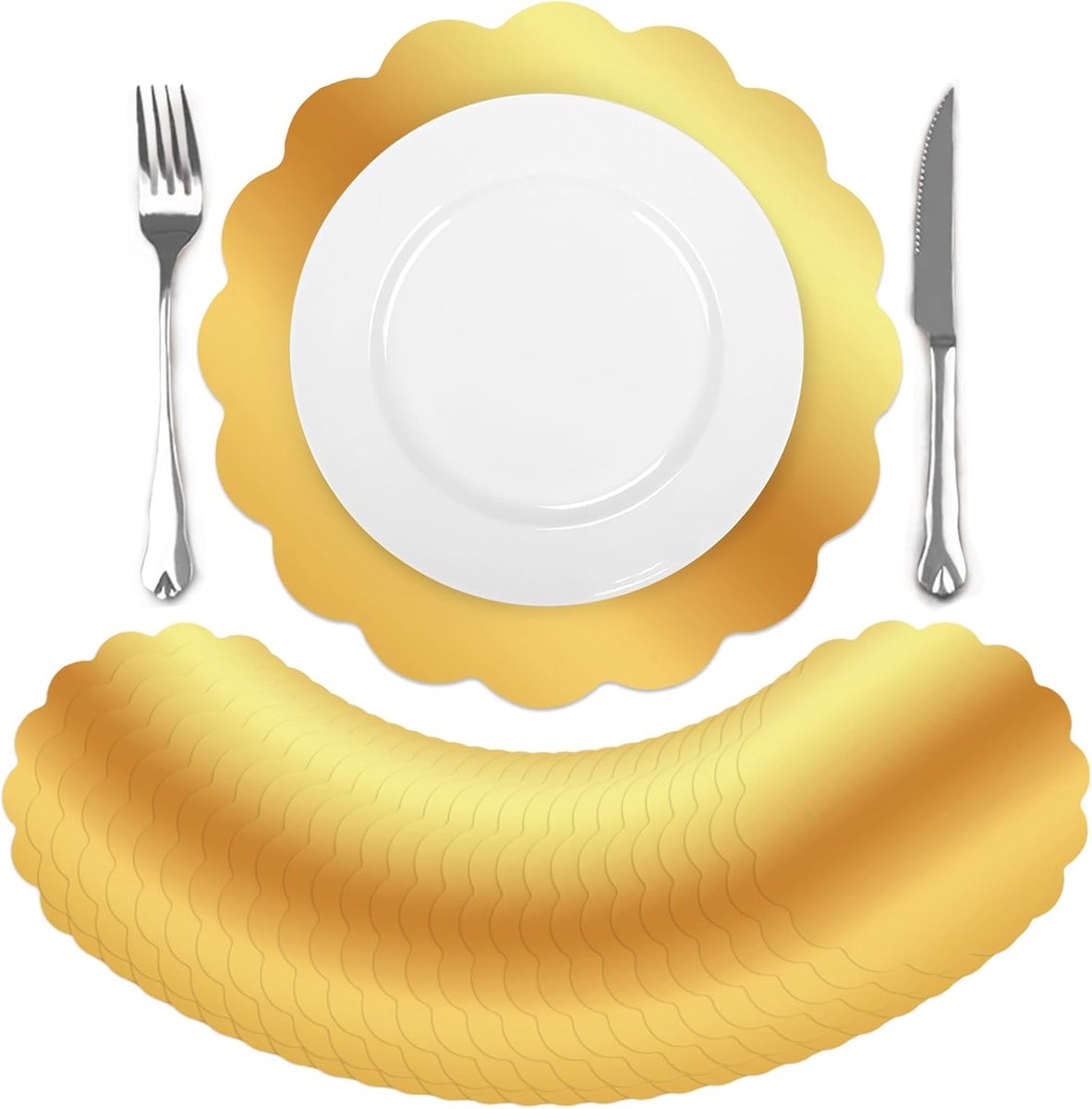 Placemats in spiegelgoud, 33 cm papieren placemats met geschulpte rand, tafeldecoratie voor eten, taarten, keuken, dineren, feesten, banketten, bruiloften en verjaardagen