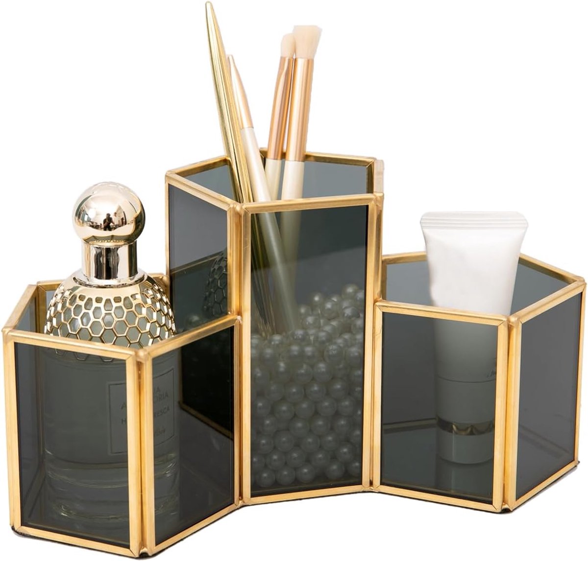 Vintage Make-up Borstelhouder - Cosmetische Organizer Met 3 Sleuven - Zwart Glas en Metalen Pot - Goud