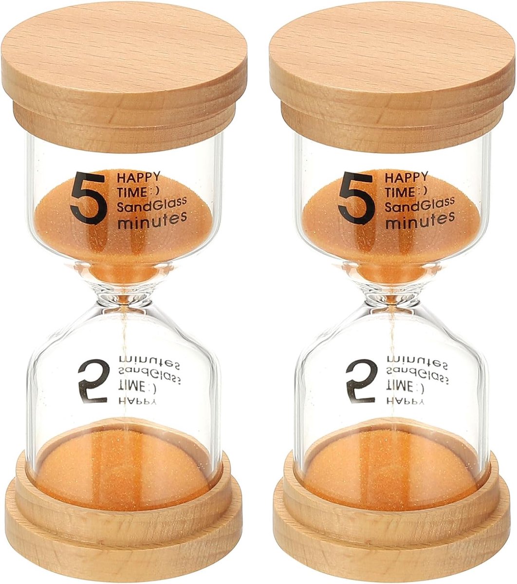 5 minuten zandtimer, 2 stuks houten zandhorloge, hoog borosilicaatglas, zandloper, zandklok, voor spelletjes, klaslokaal, keuken, kantoor, woondecoratie, oranje
