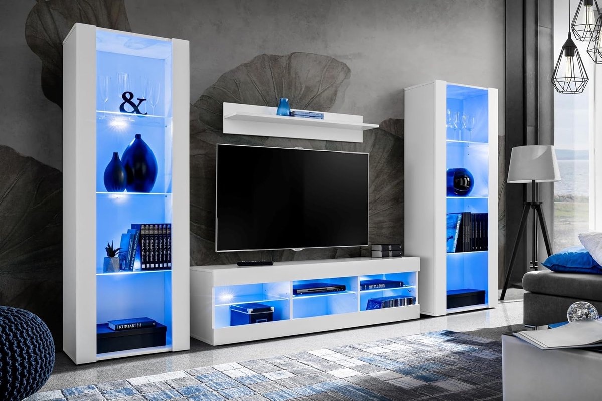 Tivoli Grande woonkamer RTV meubelset, Wit/Wit, Breedte 290cm x Hoogte 159cm x Diepte 35cm, Blauw LED, Voor woonkamer, Slaapkamers