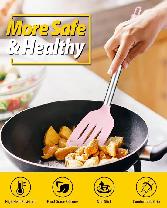 Verpakking van 2 Silicone Solid Turner, Non-Stick Slotted Keuken Spatules, Hoge hittebestendige BPA gratis kookgerei, Ideaal kookgerei voor vis, eieren, pannenkoeken (Roze) — afbeelding 4