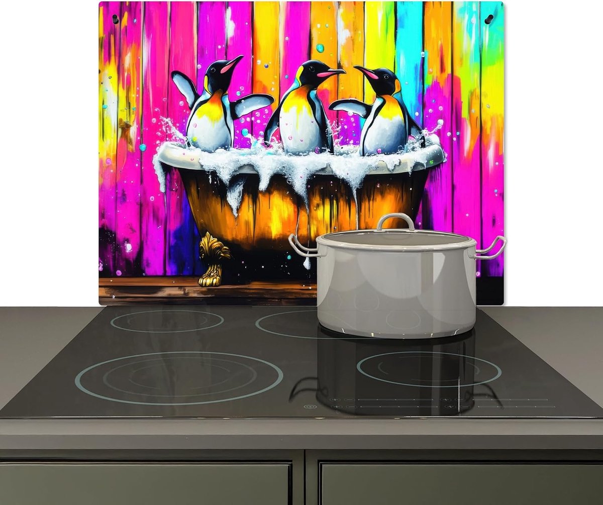Spatscherm Keuken 52x71 cm Kookplaat Achterwand Beschermer Muur Spatwand Fornuis Aluminium Hittebestendig - Pinguïns - Badkuip - Kleurrijk - Schuim