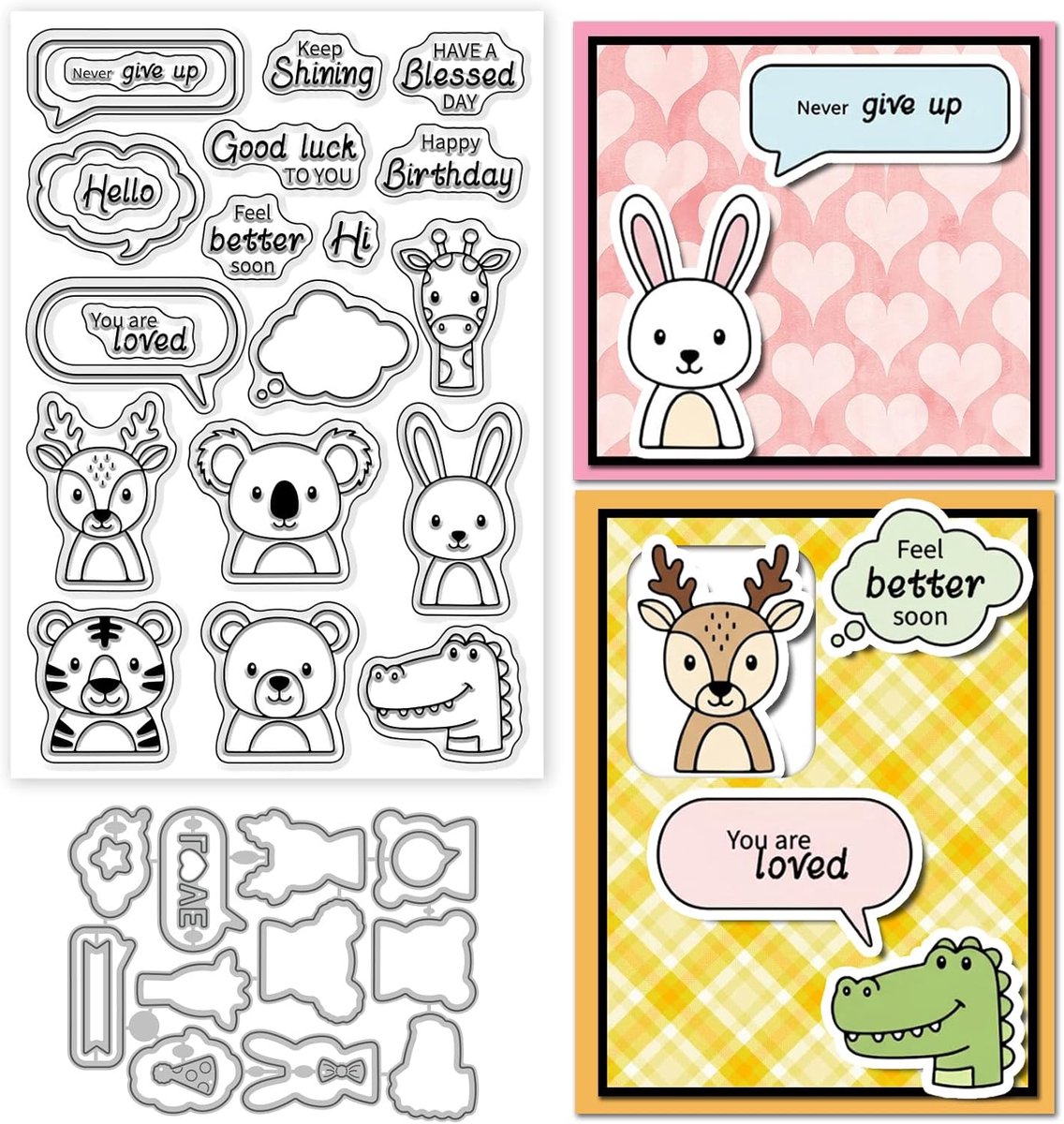 Cartoon Dieren Clear Stempels en Snijmallen Set voor Kaarten Maken Chat Bubbels Siliconen Transparante Stempel Beer Giraf Dagelijkse Groeten Die Cuts voor DIY Scrapbooking Embossing