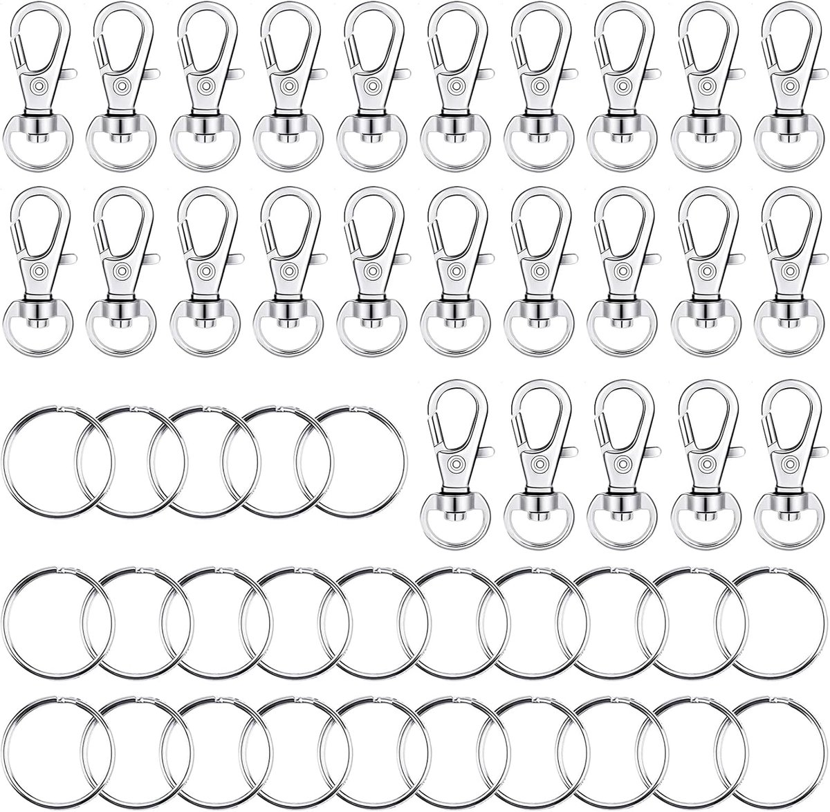 50 stuks sleutelhangers en splitringen, draaibaar 360° draaibaar, roestvrij staal, kleine sleutelring, karabijnhaak, draaisluiting met sleutelringen, voor het ophangen van handwerk, sieraden