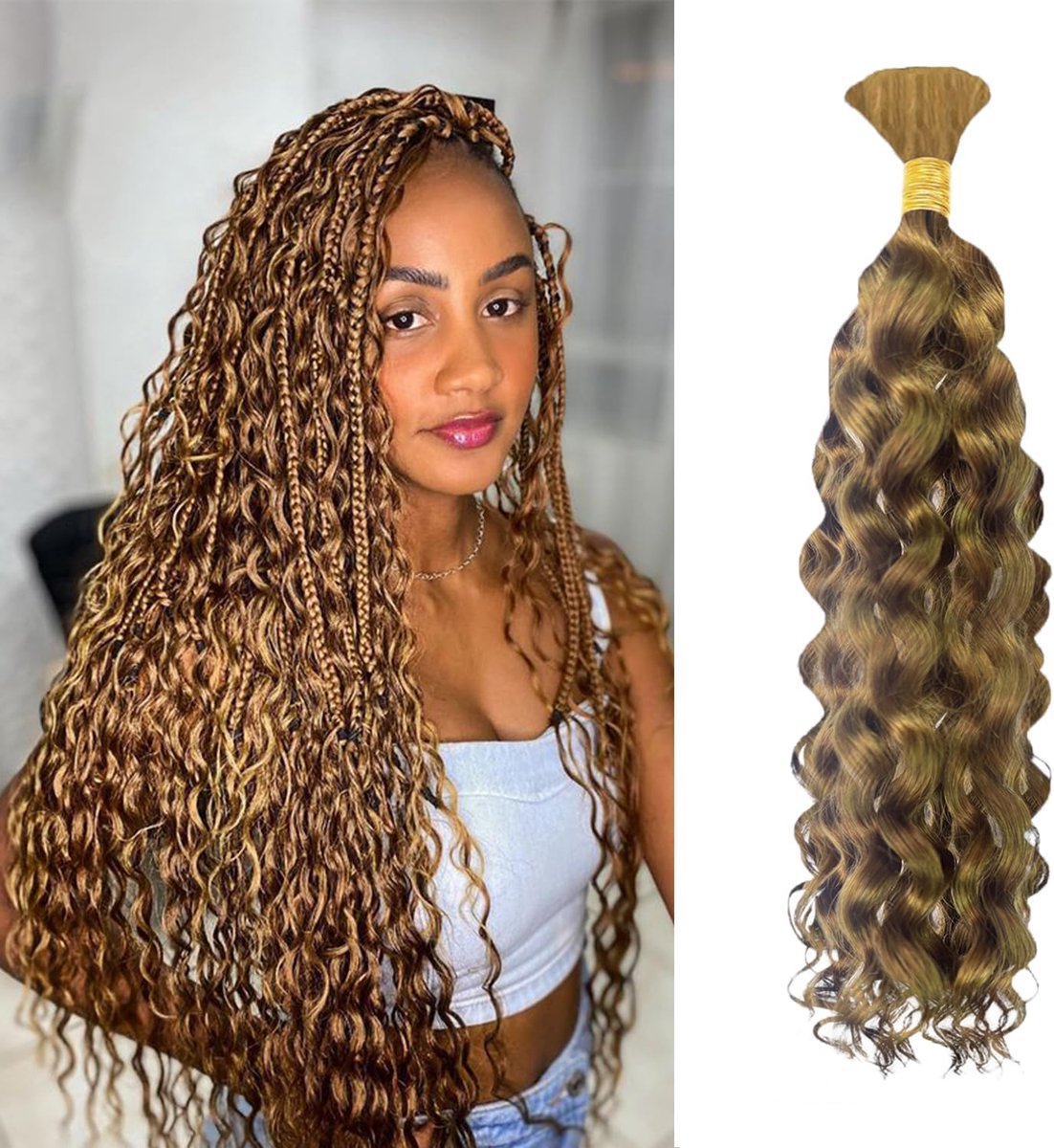 Wave Bulk Human Hair for Braiding 100% Unprocessed Brazilian Virgin Human Hair Boho Braids Hair Human Braiding Hair No Weft Caramel Honey Blonde 50g 20 inch