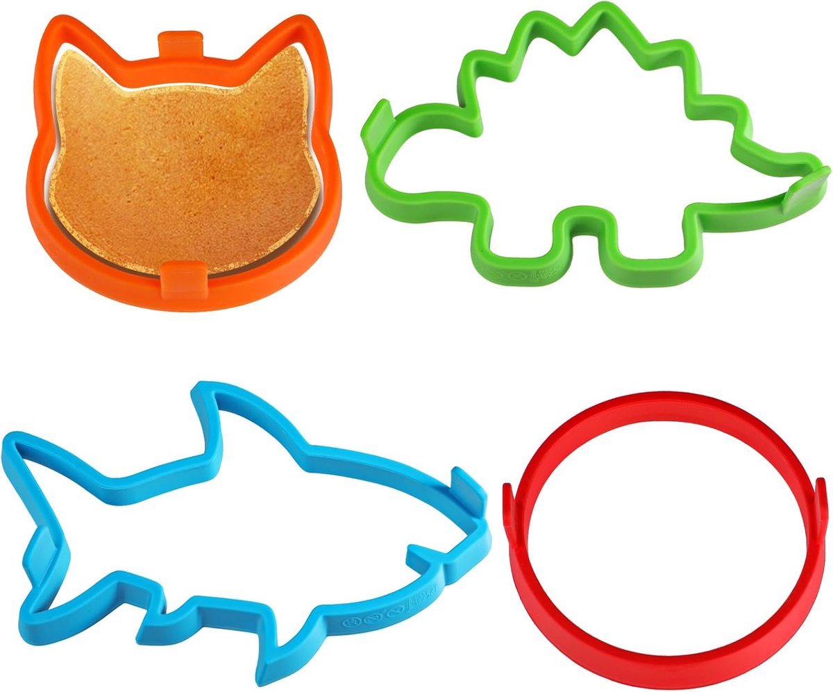 Siliconen pannenkoekvorm, 4 stuks, pannenkoekringen, eierring, anti-aanbak pannenkoekvormer, pannenkoekvormpjes voor haai, rond, kat, dinosaurusvorm pannenkoeken
