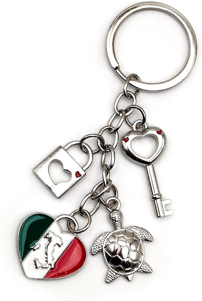 Sleutelhanger van metaal, 10,5 cm, hanger Italië met driekleurige hartvormige laarzen, schildpad, sleutel en hangslot, symbolisch cadeau-idee, robuust en detailgetrouw