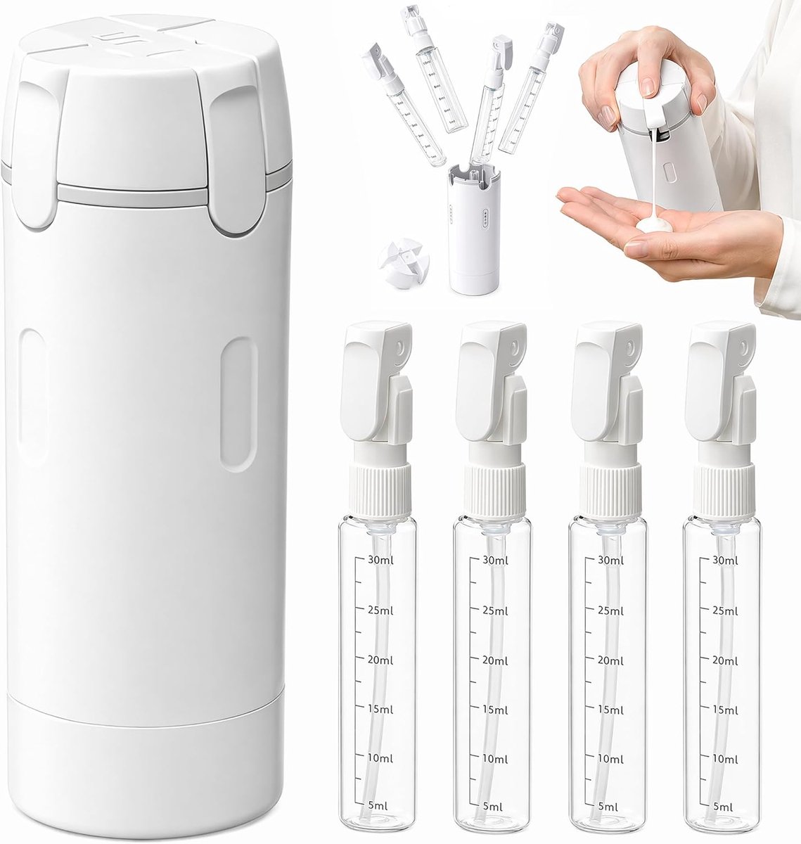 4-in-1 reisdispenser, compacte reisflessenset, reisdispenser om te vullen met shampoo, conditioner, lotion, crème, harde schaal, reisdispenserfles
