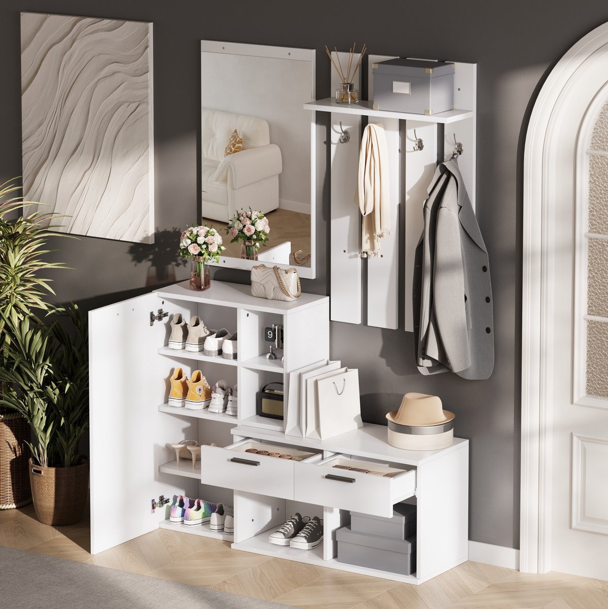 MODENUIT Halmeubel - Spiegel, Kledinghaken En 2 Lades - Voor Hal En Entree - MDF - Wit - 120x35x175,5 Cm