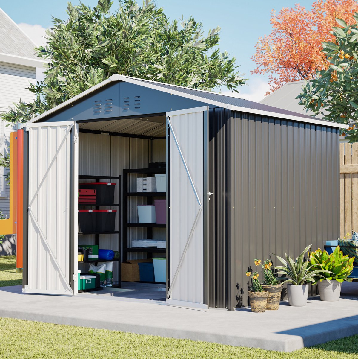 Berging Met Schuifdeur En 4 Ventilatieopeningen – 240,4 X 192,3 X 191 Cm – Metaal – Zwart – Afsluitbare Tuinschuur Voor Buitenopslag