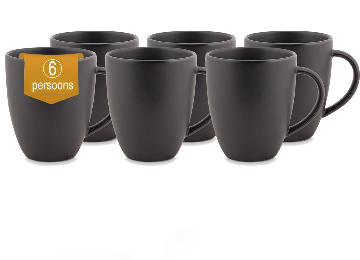 Bol.com vtwonen - Basic - Set van 6 - Mokken met Oor - Mat Zwart - Porselein - 275ml aanbieding