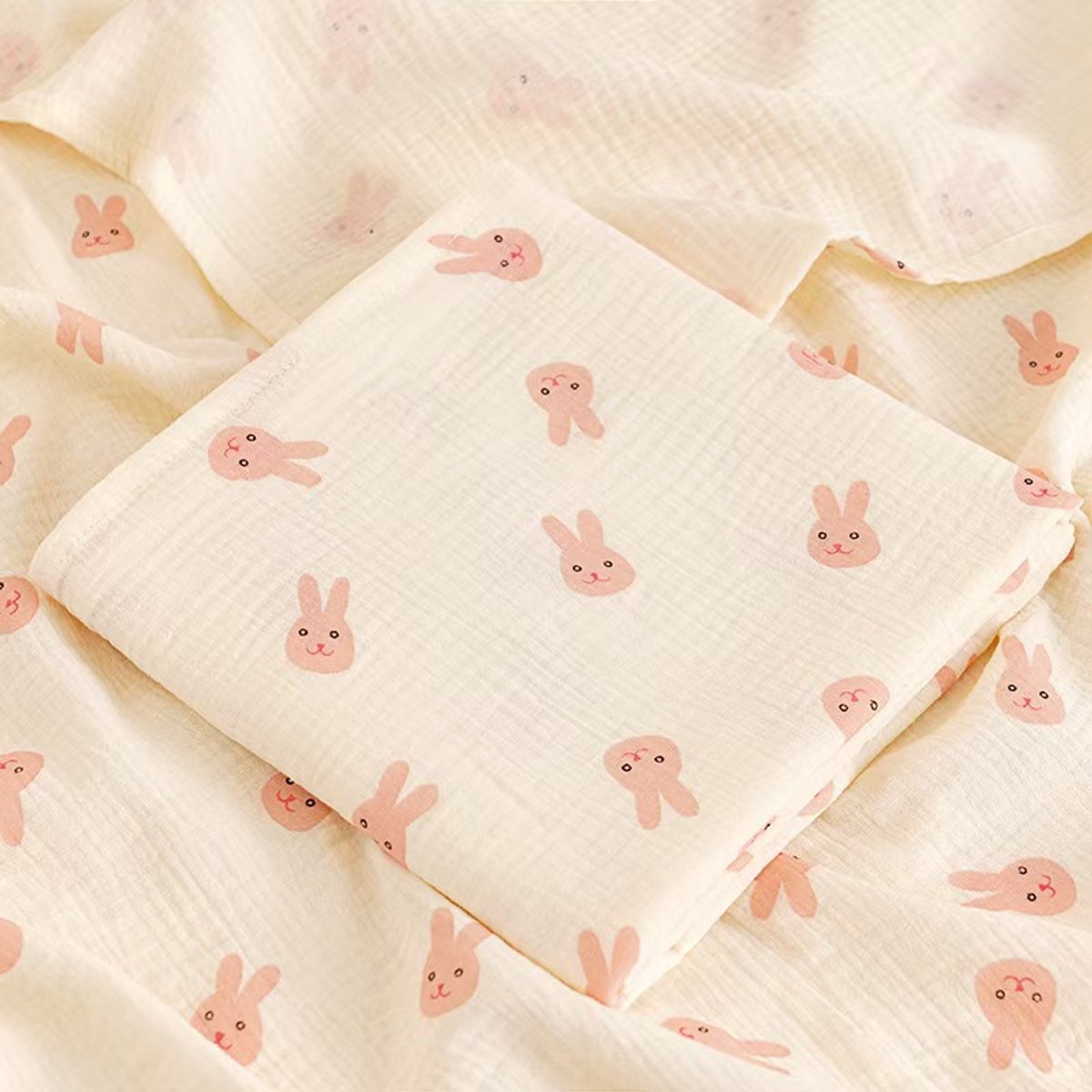 Babywikkeldeken, groot formaat 100x100 cm, dubbellaags katoenen gaasdeken, ultrazacht katoenen gaas, geschikt om in te wikkelen of als klein dekentje voor babyjongens en -meisjes,Roze konijnenkop