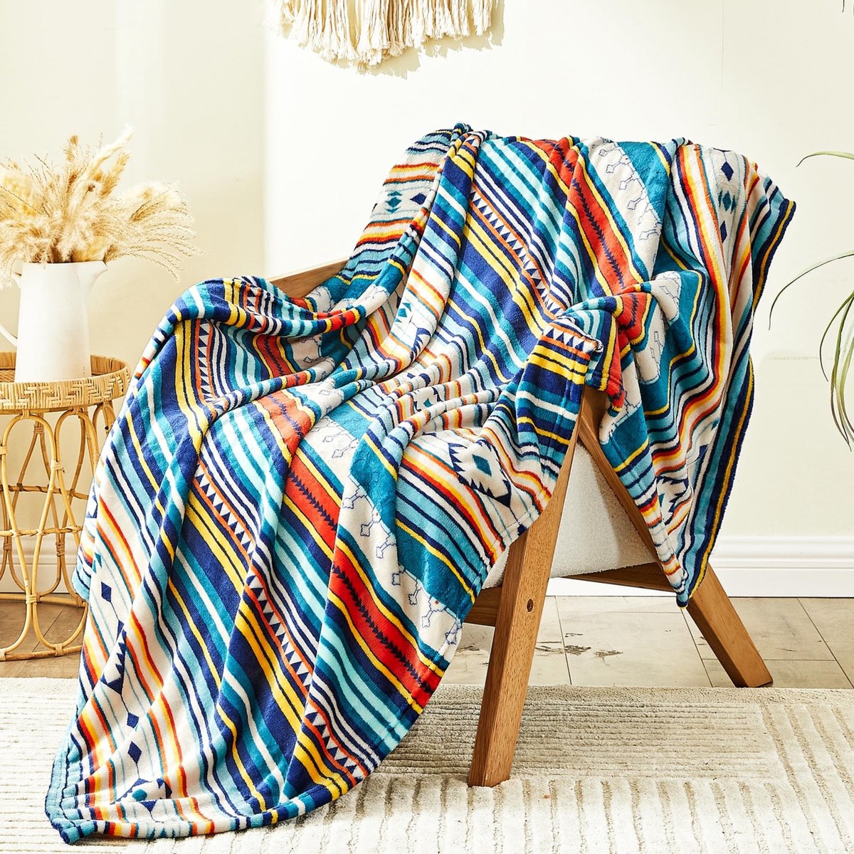Solidchoice- Fleece Deken Ultra Zacht - 150 x 200 cm - Boho Plaid - Blauwe Gestreepte Deken - Lichtgewicht - Flanel Materialen