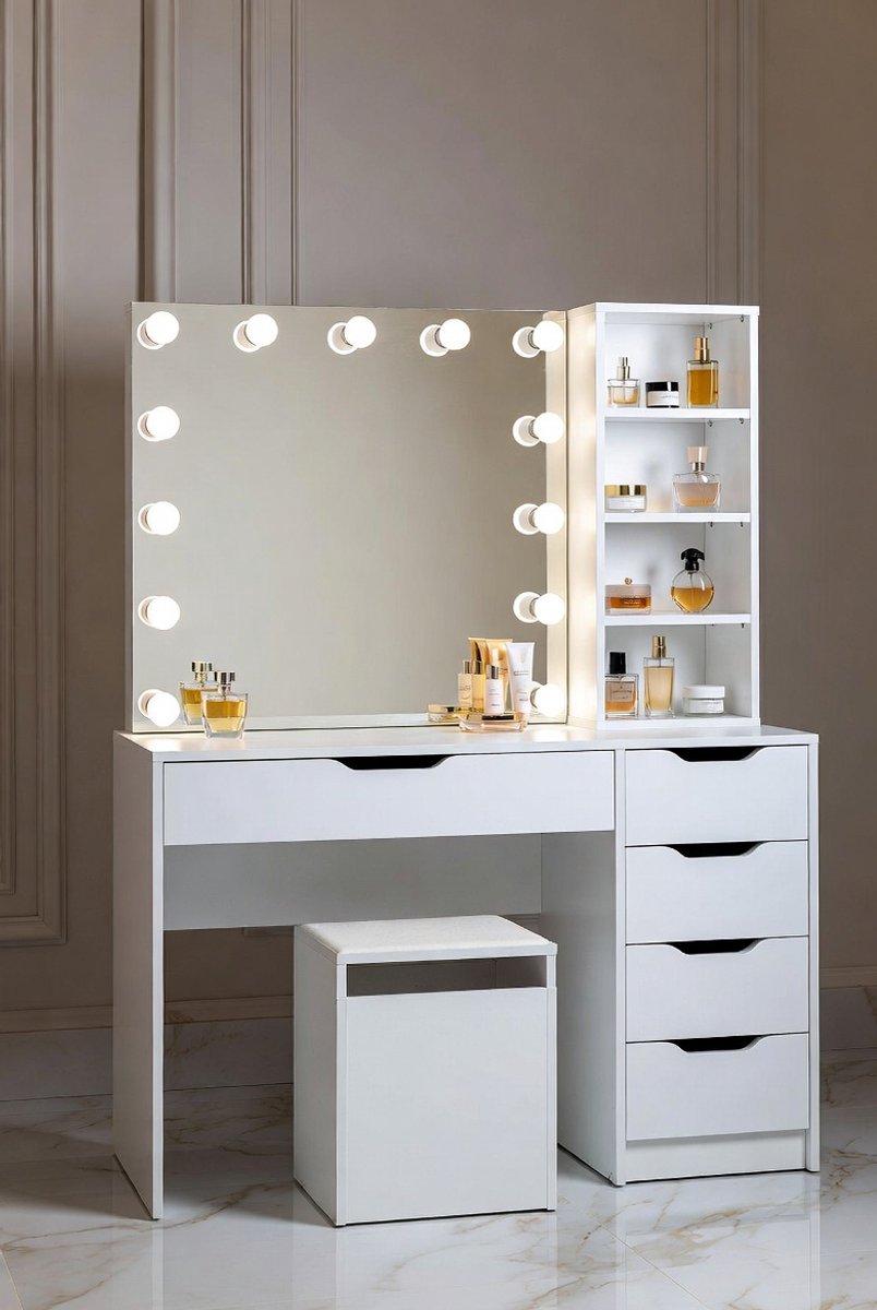 Luxe Hollywood Make-up Tafel met LED Spiegel – Kaptafel met Kruk, 3 Lichtstanden, Lade en Slimme Opbergruimte - Medahomestore