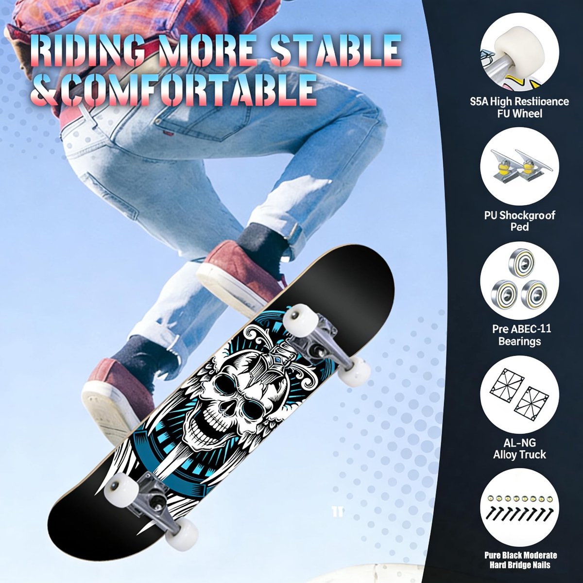 Dailygoods- Skateboard 31 Inch - 9-Laags Esdoornhout - Geschikt voor Beginners/Professionals - Ideaal voor Trucs - Maximaal Draaggewicht 100 kg - Stabiel en Grip voor Stunts - Skateboarddeck