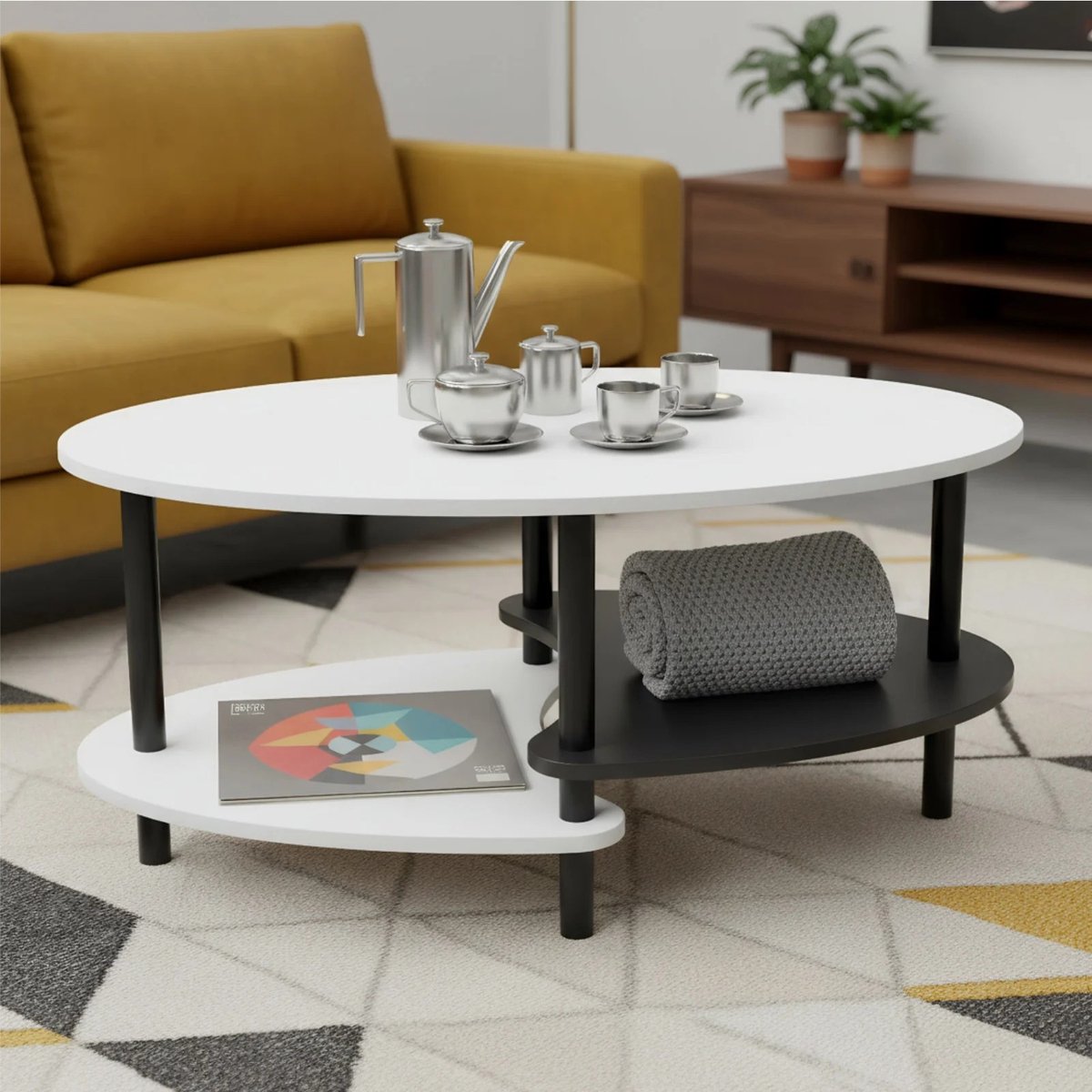 Salontafel - Hout - 3 Planken - 90x50cm - Metalen Poten