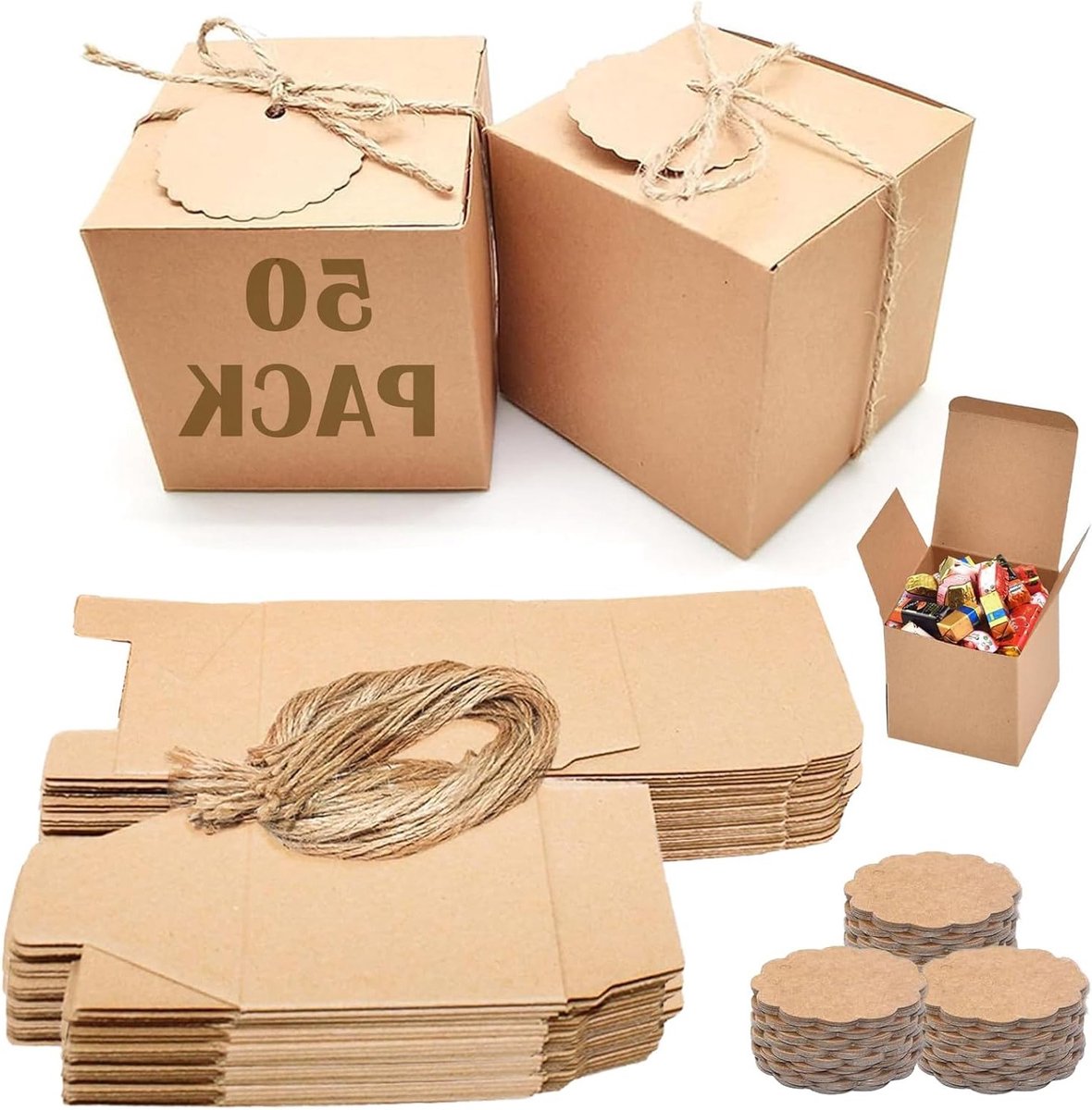 50 Kraftpapier Geschenkdozen 7 x 7 x 7 cm - Vierkante Kartonnen Dozen met Deksel voor Feest, Bruiloft en Verjaardag - Perfect voor Cadeaus en Decoratie