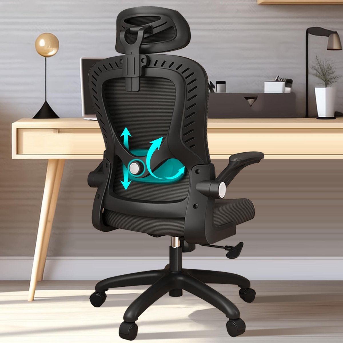 Dailygoods- Bureaustoel Ergonomisch - Lendensteun - Verstelbare Hoofdsteun - 360° Draaibaar - Stervoet - Draagvermogen 150 kg - Computerstoel