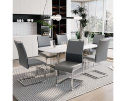 Eetkamerstoelen, set van 6, PU-leer en linnen rugleuning, hoge gestoffeerde stoel, horizontale strepen op de rugleuning, geschikt voor eetkamer, keuken, gastenkamer of kantoor, Grijs