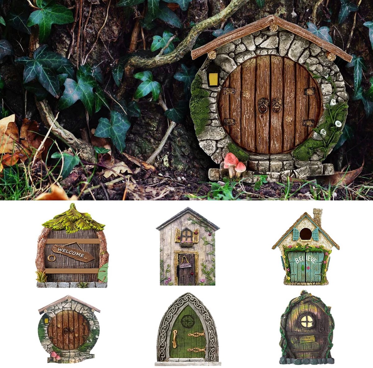 Dailygoods- Kabouterdeur Miniatuur - 6 Stuks - Tuin Feeëndeur - Decoratie Buiten - Miniatuur Huis Deur - Kinderen Cadeau - Tuin Accessoires - Tuindecoratie