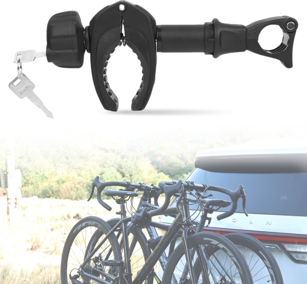 Zwarte Afsluitbare Framehouder Fietsendrager – 26 cm Lengte – 16 cm Tussenstuk – Voor Eerste Fiets – Universele Fietsklem voor Caravan & Camper