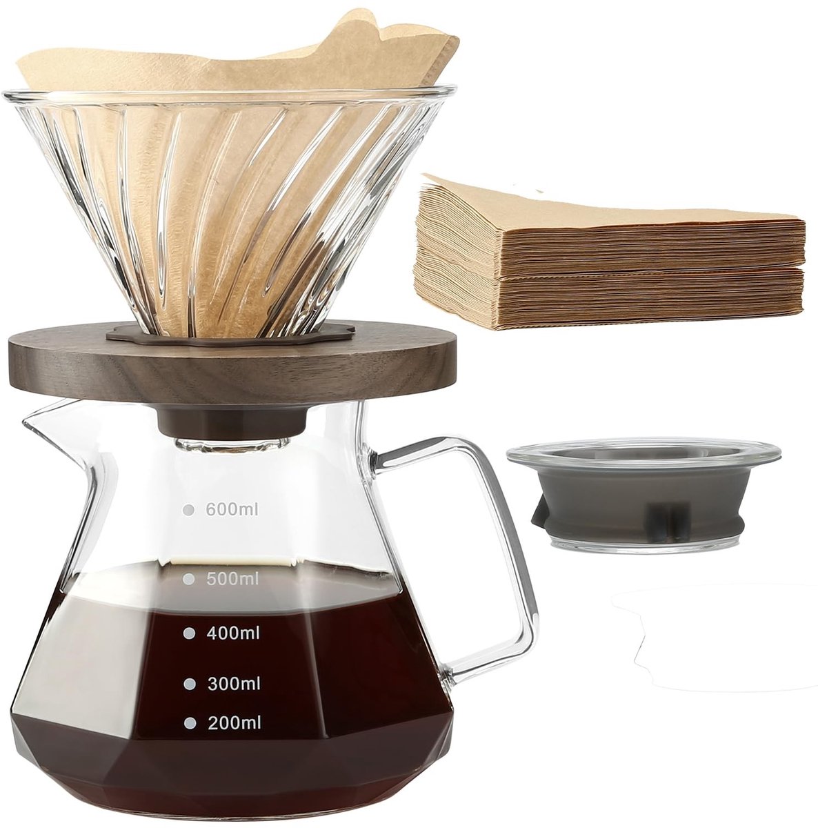 Dailygoods- Koffiezetapparaat 600 ml - Borosilicaatglazen Karaf - 100 Stuks V02-Papierfilter - Walnoothandvat - Pour Over Set - Voor Thuis/Café - Filterkoffiezetapparaat