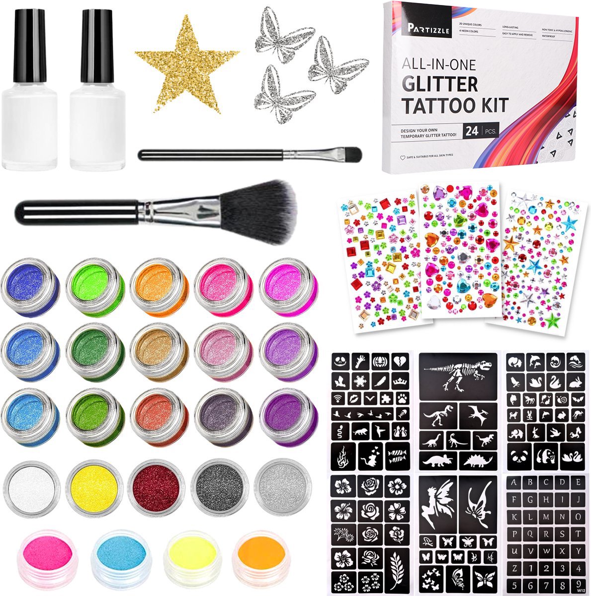 Partizzle Compleet Bio Glitter Tattoo Set - Meisjes / Jongens - Schmink Sjablonen, Lijm en Penselen - Gezicht Nep Neon Tattoos Knutselpakket - Festival - Kerst Cadeau / Knutselen voor Kinderen - 24 Kleuren / Biodegradable