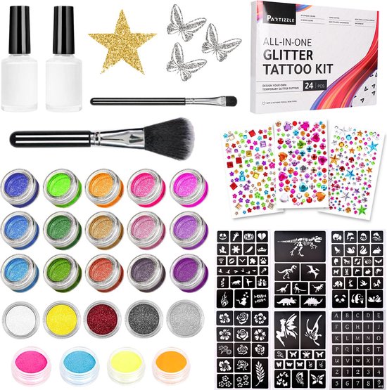 Partizzle Compleet Bio Glitter Tattoo Set - Meisjes / Jongens - Schmink Sjablonen, Lijm en Penselen - Gezicht Nep Neon Tattoos Knutselpakket - Festival - Kerst Cadeau / Knutselen voor Kinderen - 24 Kleuren / Biodegradable