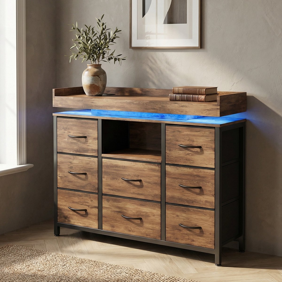 Ladekast met 8 Stoffen Lades - 108x30x82cm - Opbergkast met LED-verlichting en Oplaadstation - Metalen Frame en Houten Blad - Bruin