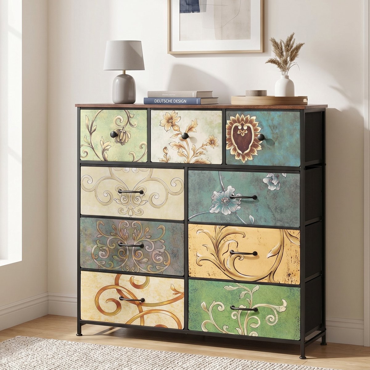 Ladekast met 9 Stoffen Lades - Opbergkast 100x30x100 cm - Metalen Frame en Houten Blad - Vintage Stijl - Veelkleurig