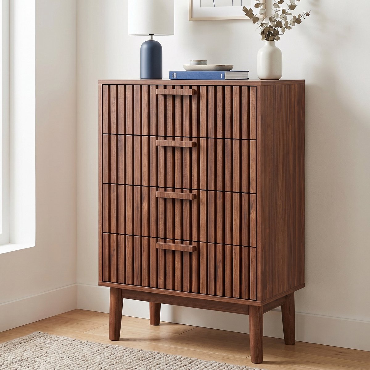Ladekast - 60x34x91cm - Opbergkast met 4 lades - Hout - Latten design - Walnoot