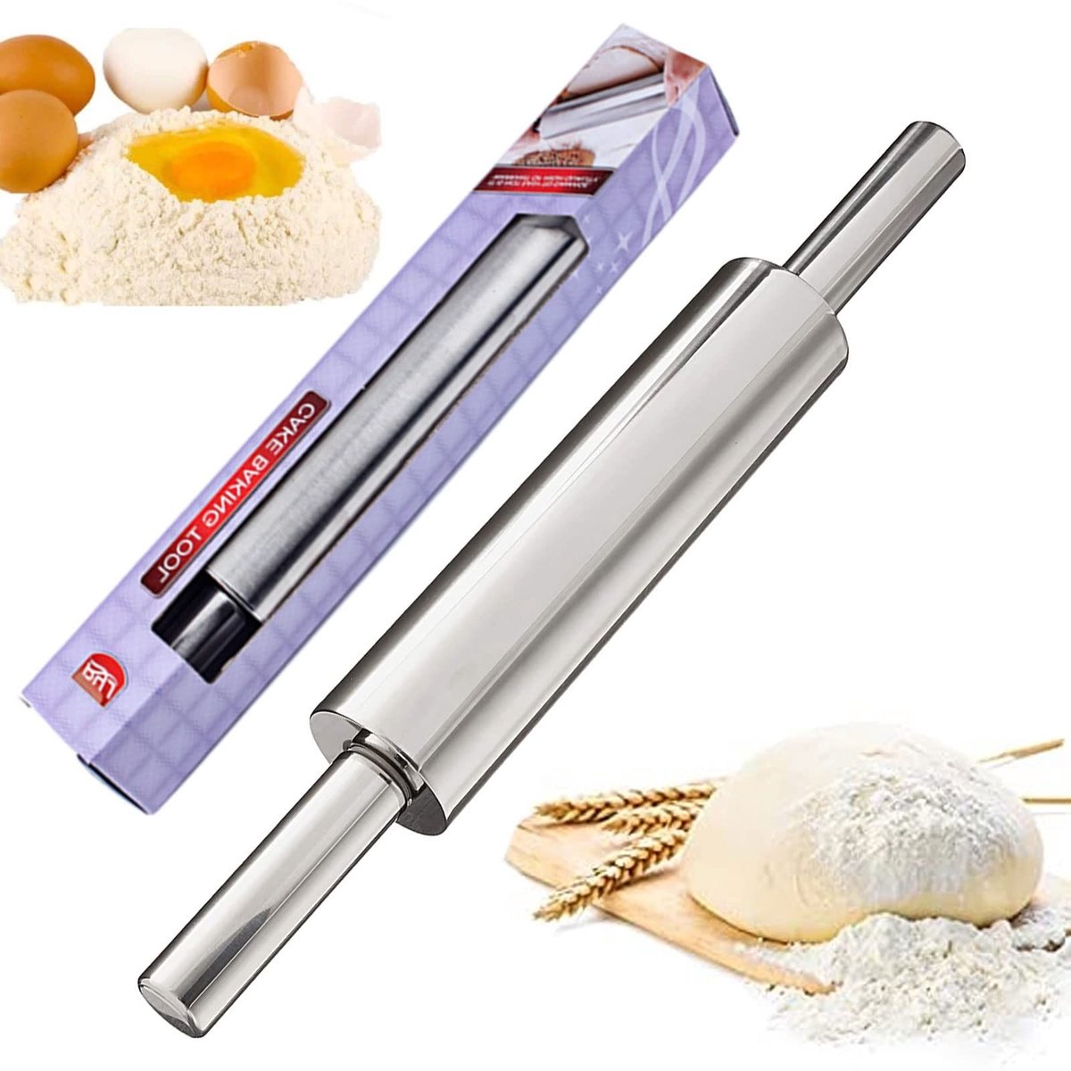 Dailygoods- Deegroller Antiaanbaklaag - Roestvrij Staal - Houten Handgrepen - Hygiënisch - Duurzaam - Eenvoudig Rollen - Bakrol