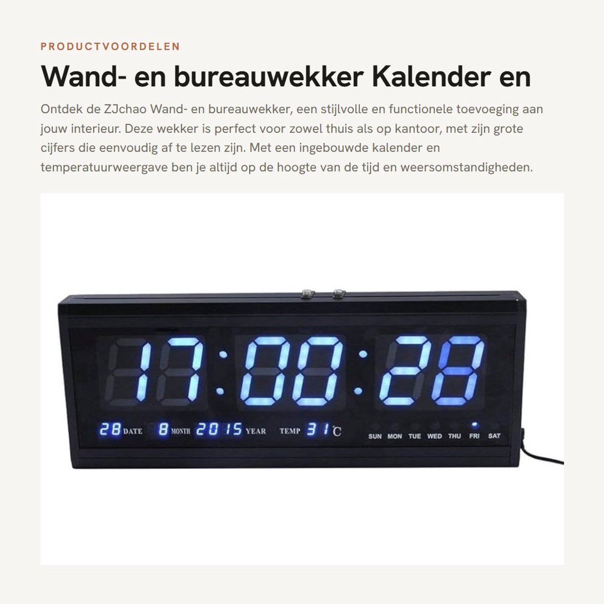 Dailygoods - Wand- en bureauwekker - Kalender en temperatuur - Grote cijfers - Blauw - Geheugenback-up batterij - Energiezuinig en stijlvol - Geschikt...
