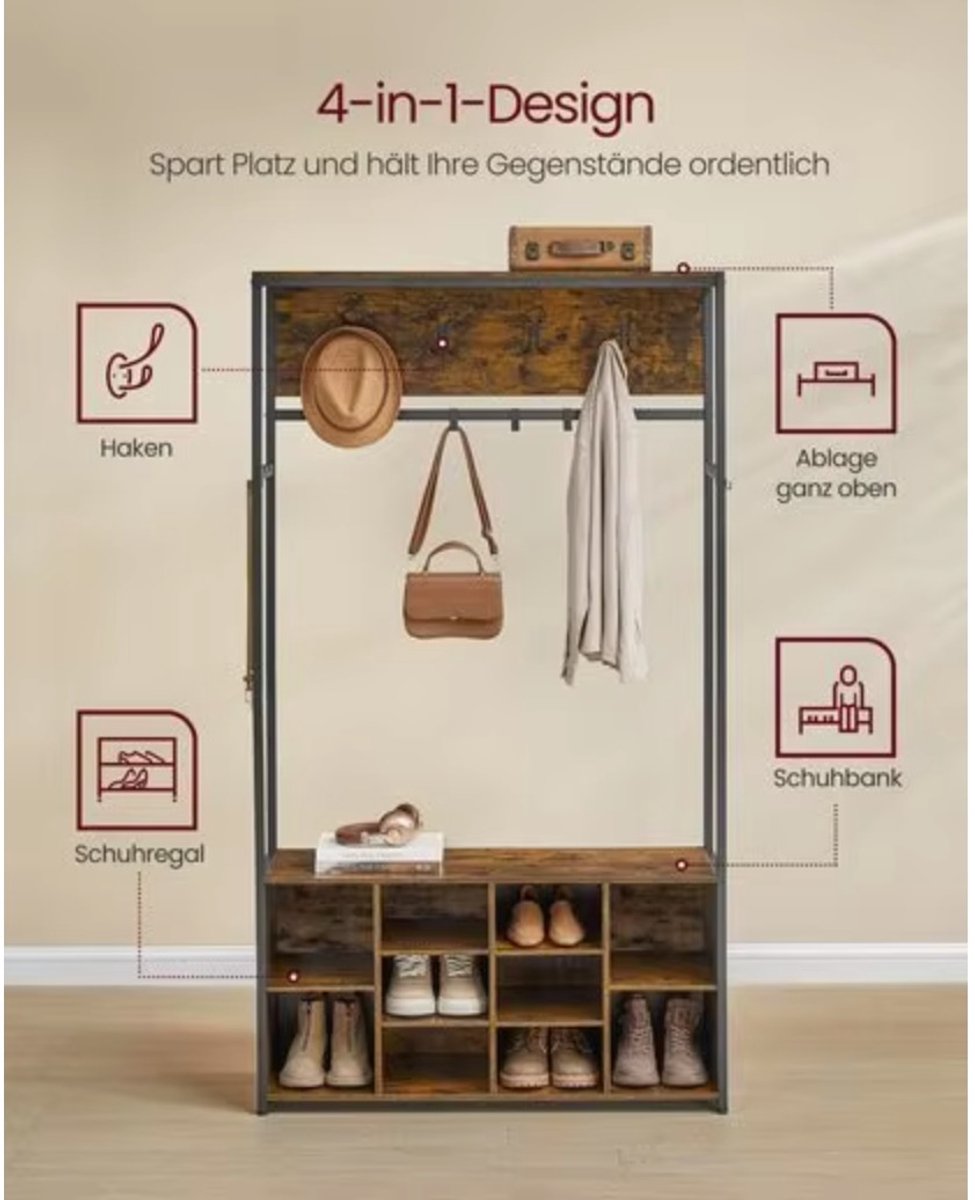 LeeuwenChoice® Kapstok Kledingkast Schoenenrek 3-In-1 - Garderoberek - Vintage Bruin Houtlook - 32x100x180cm – foto 3