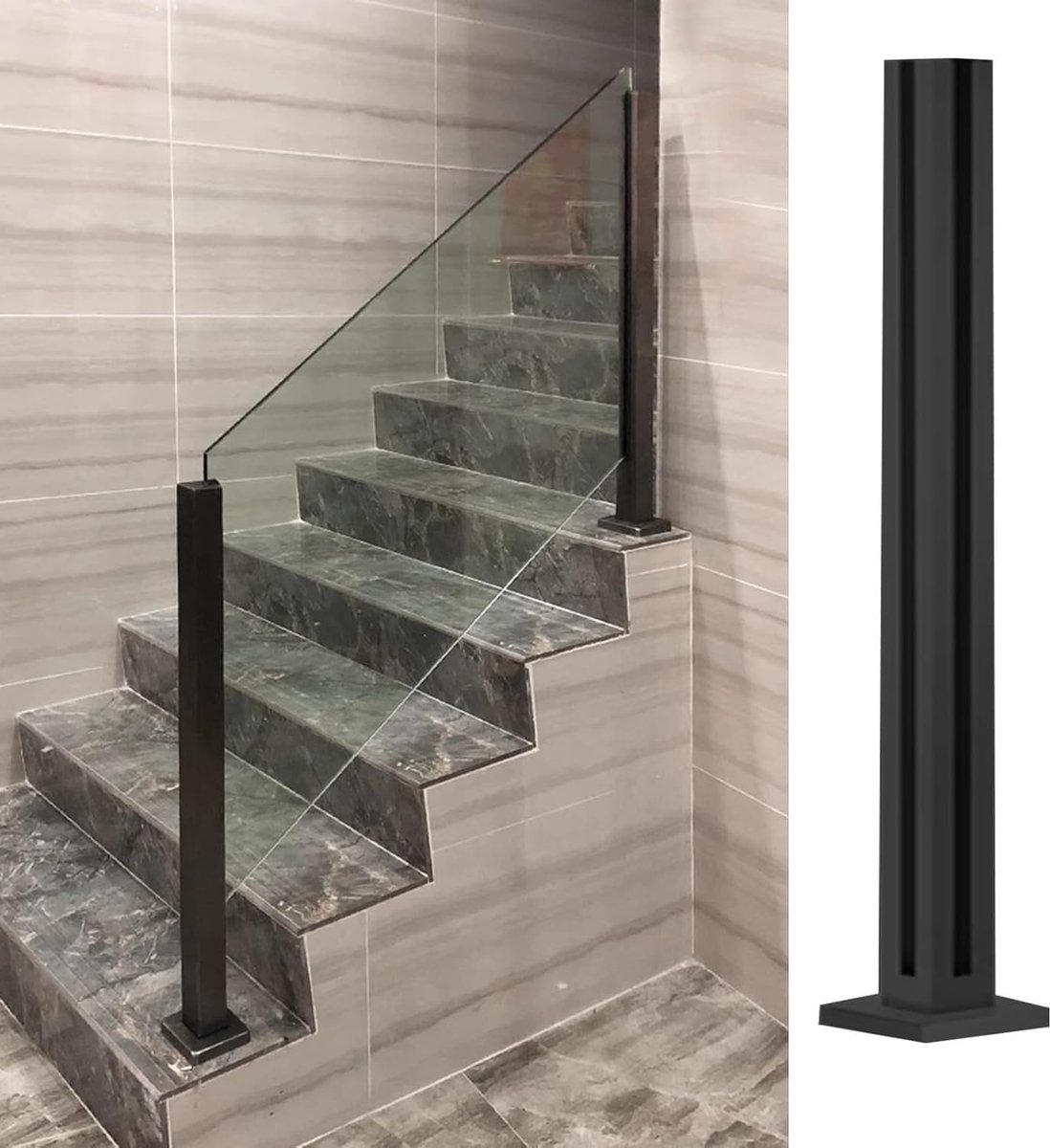 Balustrade Paal - Glazen Leuning - Terras Afscheiding - Boorvrij Glas - 70 cm - Zwart