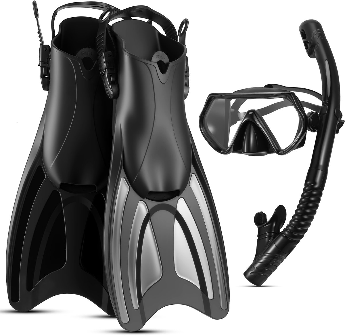 Complete Snorkelset S/M – Anti-condens & Lekvrij Duikmasker, Snorkel & Vinnen – Geschikt voor Tieners, Mannen & Vrouwen – Zwart – Geschikt om te snorkelen en te duiken