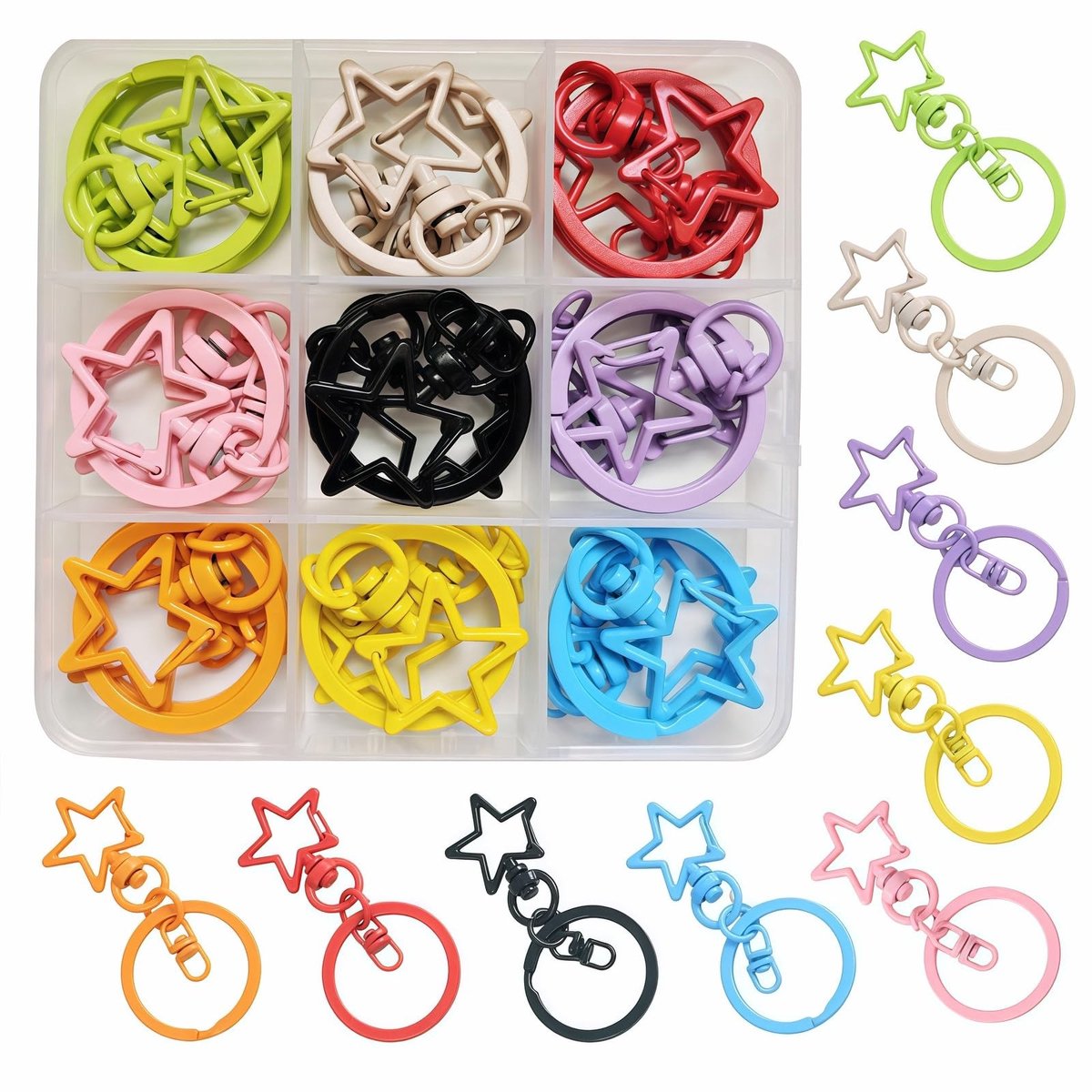 Dailygoods- Sleutelhanger 18 Stuks - Stervormig - Karabijnhaak - Draaibaar - Sleutelring - Organizer-box voor Rugzakken/Tassen