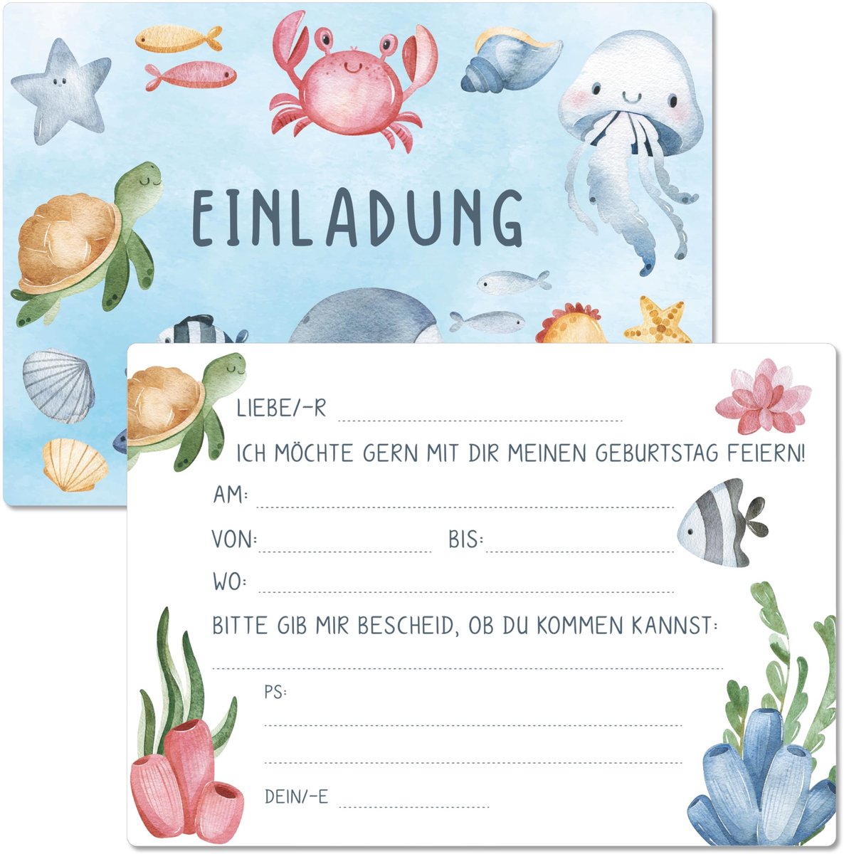Dailygoods - BIROYAL 13 uitnodigingskaarten voor kinderverjaardag met vormgegeven enveloppen (oceaan)