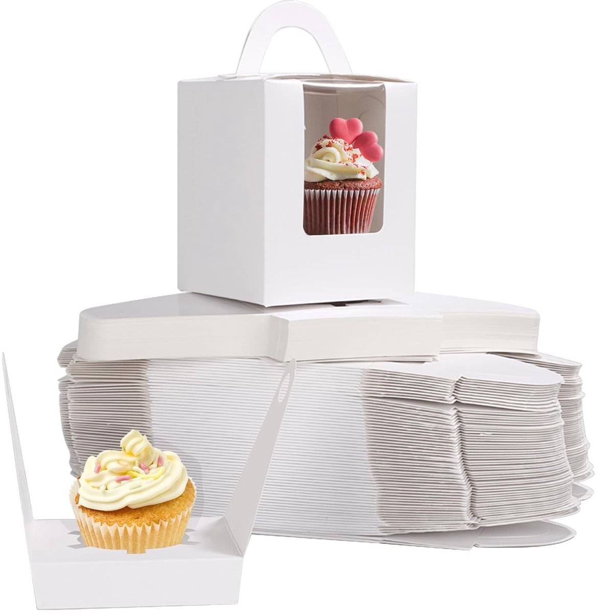 Dailygoods - Cupcakedoos, 100 stuks, afzonderlijk, cupcake-doos met venster en handvat, individuele cupcake-doos van karton voor verjaardag, Kerstmis, festivals, wit