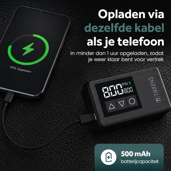 Tikkens® AirGo Elektrische Fietspomp XS - Mini Luchtcompressor - 118 gram - Draagbaar - Digitaal Display - Koersfiets - Racefiets - Gravelbike - Sportfiets - Stadsfiets - Mountainbike - Scooter - Fatbike - USB-C Oplaadbaar - Presta/Schräder/Dunlop van TIKKENS — afbeelding 3