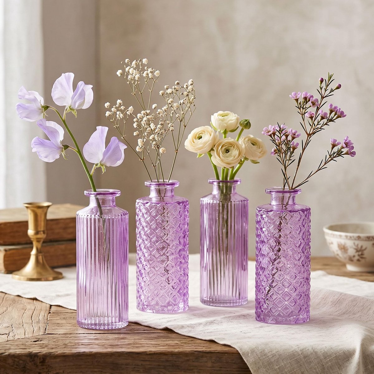 Dailygoods- Glasvaas Set van 4 - Bloemenvaas - Tafeldecor - Lente Decoratie - Violet Pastel - Hoogte 14 cm