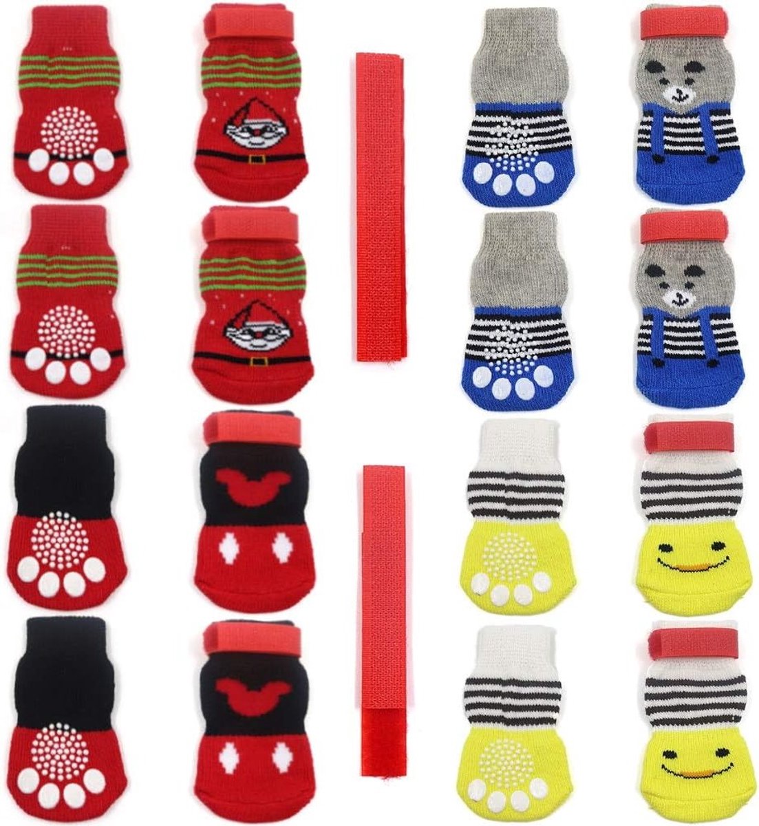 4 Paar Antislip Hondensokken en KattenSokken met Rubber Versteviging en 8 Kleine Straps, Dierenpoot Bescherming voor Houten Vloeren en Binnengebruik, Comfortabele Dierenaccessoires