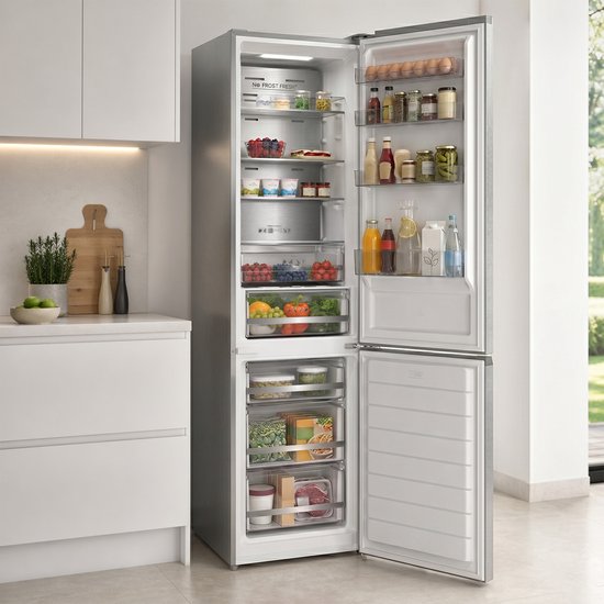 Zilverkleurige Heinner koel-vriescombinatie met geopende deur, vol met diverse levensmiddelen.