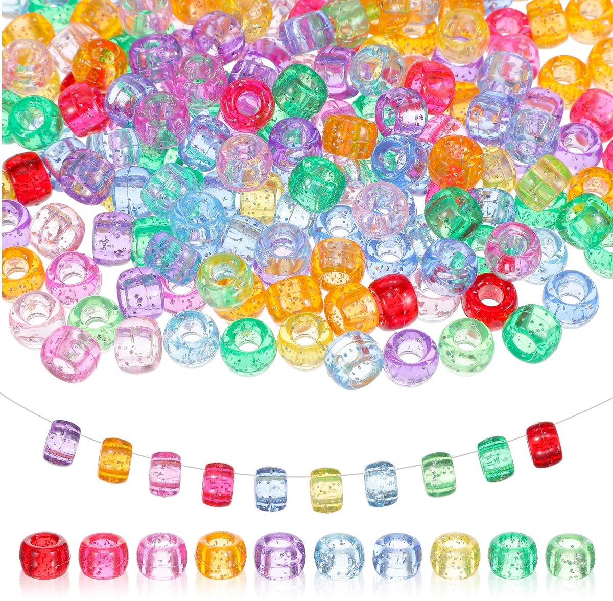 Dailygoods- Ponykralen 200 Stuks - Kleurrijke Kralen - Groot Gat - Glittereffect - Kunststof Kralen - Sieraden en Haarvlechten
